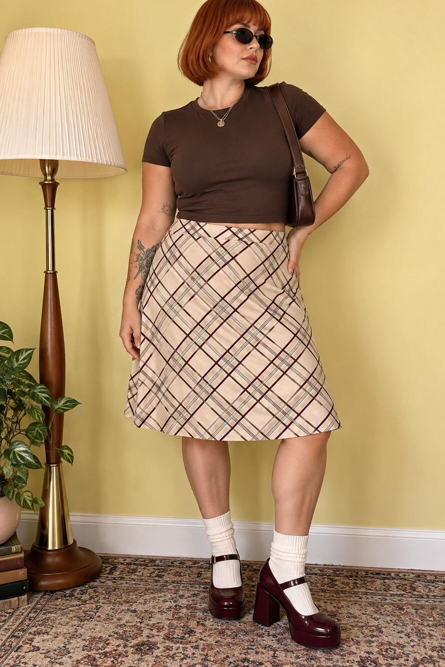 Cato XL Tan Burgundy Plaid A-Line Skirt Preppy Academia